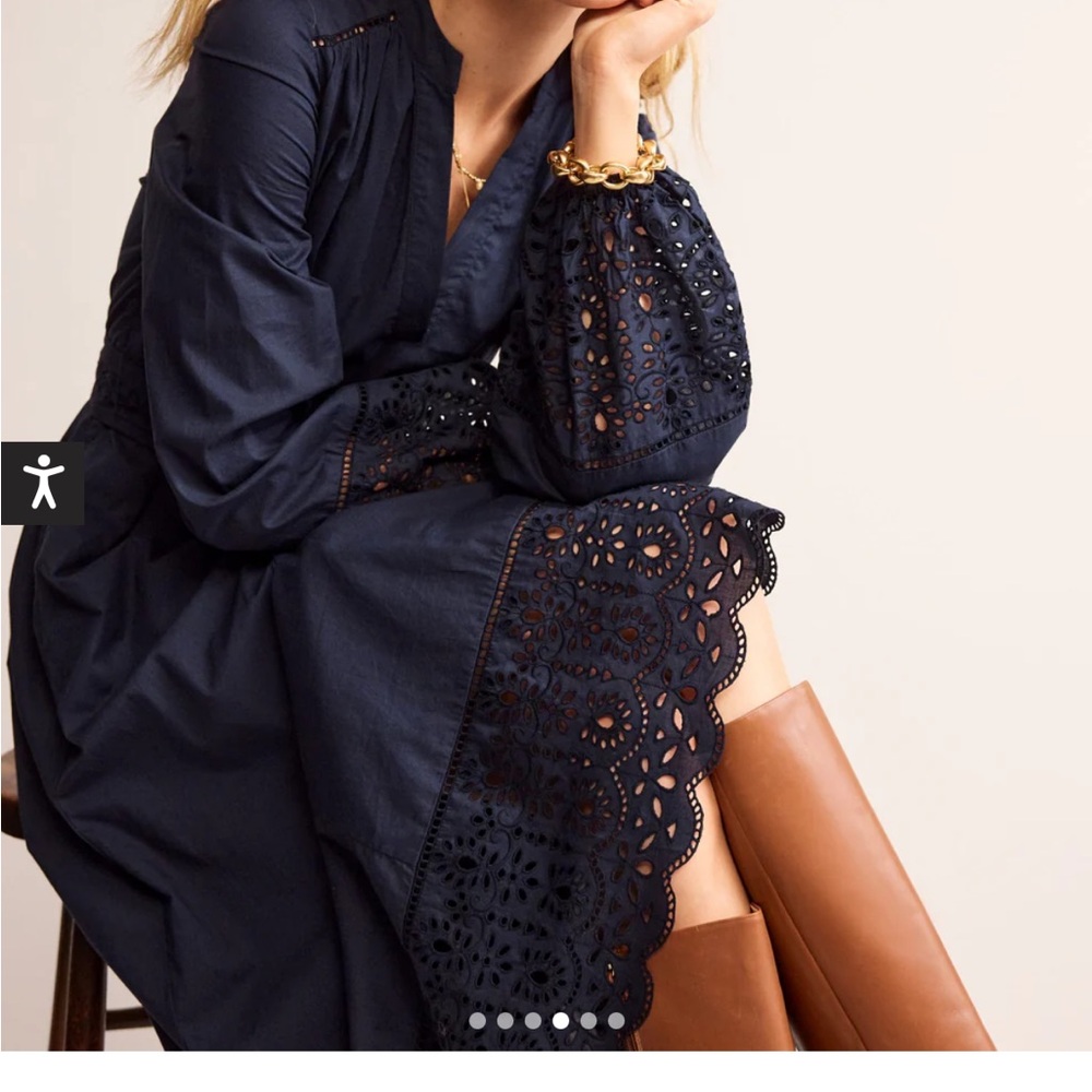 Boden Jen Broderie Navy Eyelet Hem Belted Midi Dress Size 2P - Picture 4 of 13